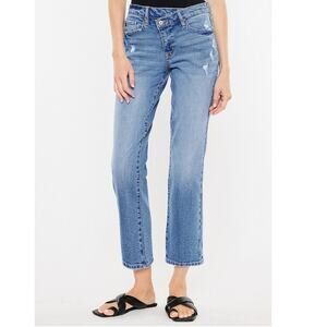 Kancan straight high rise crossover waist jeans distressed